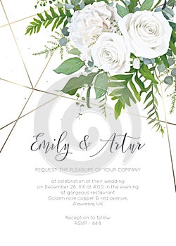 Wedding invite, invitation, save the date card design. Elegant, ivory white garden peony Rose flowers, dusty blue Eucalyptus