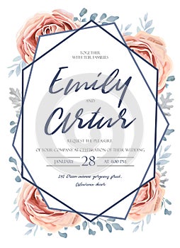 Wedding invite, invitation, save the date card design: pink peach garden rose flower, blue dusty miller leaves, fern greenery for