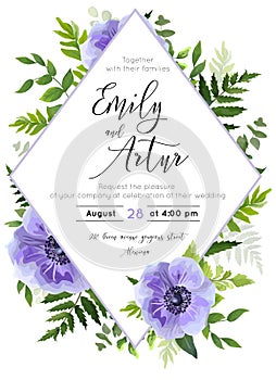 Wedding invite, invitation, save the date card design: violet lavender Anemone poppy flower, green leaves, forest greenery foliage