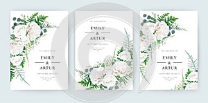 Wedding invite, invitation save the date card floral design. Elegant watercolor style ivory white garden peony Rose flowers, fern