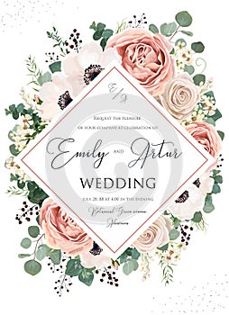 Wedding invite, invitation, save the date card floral design. Pink Rose flower, blush dusty Anemone flowers, eucalyptus silver,