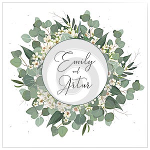 Wedding invite, invitation, save the date card floral design. Wreath monogram with silver dollar eucalyptus greenery leaves, green