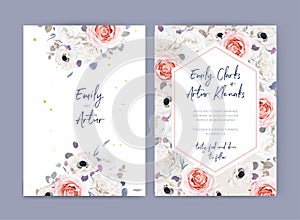 Wedding invite, invitation, save the date card set. Blush peach, ivory white rose, garden anemone  flowers, purple gray eucalyptus