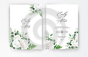 Wedding invite, invitation, save the date card. Vector floral frame design: ivory white powder peony Rose flower, Eucalyptus