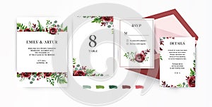 Wedding invite, invitation, save the date, rsvp stationery set. Vector floral design template. Watercolor Red garden Ranunculus