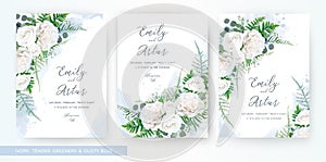 Wedding invite, invitation watercolor floral card template set. Elegant stylish tender ivory white garden Rose flower, asparagus