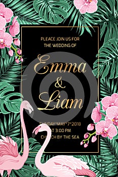 Wedding invite leaves pink orchid flamingo couple