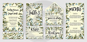 Wedding invite, menu, rsvp, thank you label save the date card e