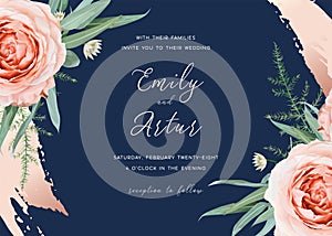 Wedding invite save the date card  design. Blush peach garden rose flowers, green asparagus fern eucalyptus leaves, floral frame