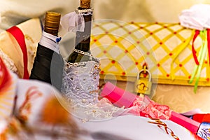 Wedding items, composition of festive paraphernalia for the wedding. Colorful scenery in nature, photo for memory.