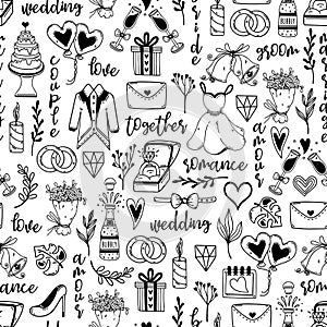 Wedding items seamless vector pattern. Symbols of marriage - engagement rings, hearts, balloons, cake, champagne, gifts, clothes