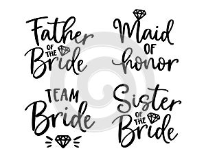 Wedding lettering set. Black hand lettered quotes with diamond rings for greeting cards, gift tags, labels. Typography