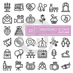Wedding line icon set, love symbols collection, vector sketches, logo illustrations, celebration signs linear pictograms