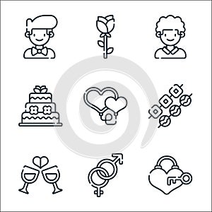 wedding line icons. linear set. quality vector line set such as heart lock, genders, weddings, snacks, hearts, wedding cake,