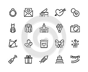 Wedding line icons. Marriage ceremony and honeymoon symbols with cake bouquet bride and groom. Vector wedding set