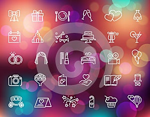 Wedding line icons set on the Colorful background with defocused lights