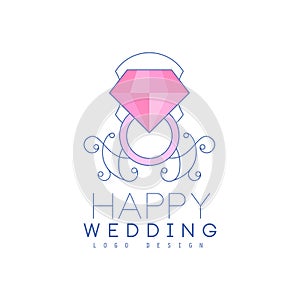 Wedding line logo design with diamond ring and ornament