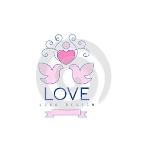 Wedding line logo with love doves, heart and curlicue