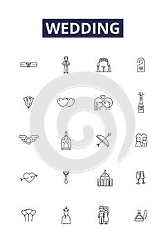 Wedding line vector icons and signs. Nuptials, Vows, Groom, Bride, Celebration, Reception, Ceremony, Party outline