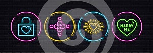 Wedding locker, Inclusion and Heart minimal line icons. For web application, printing. Neon laser 3d lights. Vector