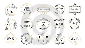 Wedding logos. Bohemian monograms for event invitation and wedding greeting cards with hand drawn elements. Vector set