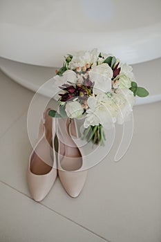 Wedding, luxury bridal shoes, background - white photo
