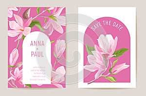 Wedding magnolia spring floral invitation, flower card. Watercolor minimal template vector