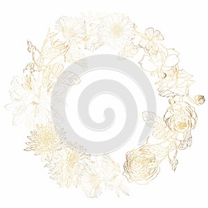 Wedding mariage event invitation wreath card template. Circle ring round wreath border frame with flowers bloom blossom.