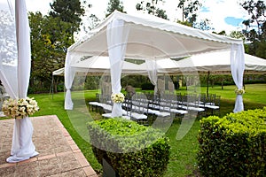 Wedding marquee with bouquets