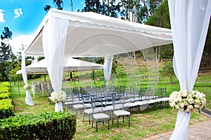 Wedding marquee with bouquets