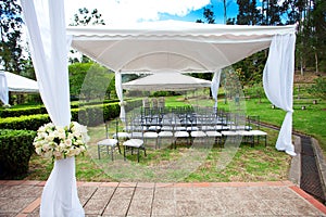 Wedding marquee with bouquets