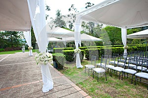Wedding marquee with bouquets
