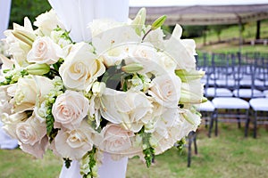 Wedding marquee with bouquets