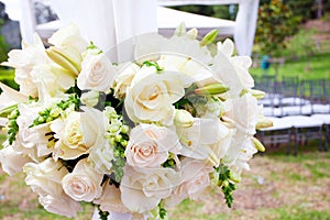 Wedding marquee with bouquets