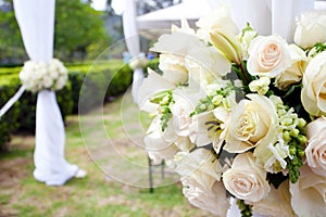 Wedding marquee with bouquets