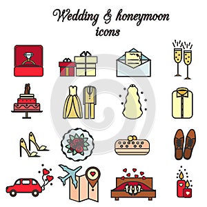 Wedding, marriage, engagement, honeymoon vector icons set