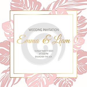 Wedding marriage event invitation border frame card template. Pink xxotic tropical jungle rainforest monstera leaves.