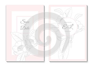 Wedding marriage event invitation card template. Camelia flowers leaves. Detailed outline drawing.