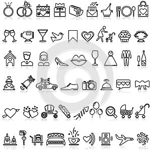 Wedding and marriage line icons set.