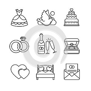 Wedding and marriage thin line art icons set