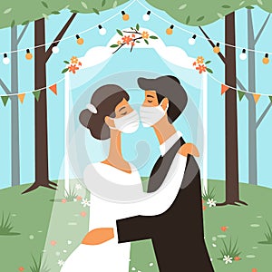 Wedding in masks. Bride and groom kiss, people in medical protective mask, wedding ceremony, romantic couple together