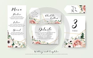 Wedding menu, information, label, table number and place card de
