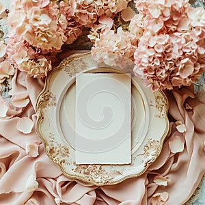 Wedding menu laying on a ceramic plate on a marble table decorated with flowers and ribbons. Mock-up scene with blank