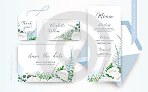 Wedding menu, save the date, place card, label floral design. Delicate tender ivory white Rose flower, asparagus fern leaves