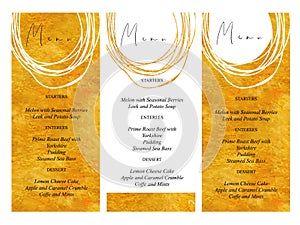 Wedding menu templates with golden hand drawn texture background and gold line design vector.