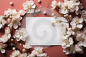 Wedding mockup, flowers, gypsophila, white paper list, flat lay