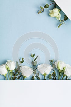 Wedding mockup of paper card decorated beautiful white flowers and eucalyptus leaves on pastel background top view. Flat lay style