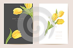 Wedding modern tulip flower Save the Date set. Vector minimal spring floral invitation card