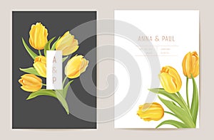 Wedding modern tulip flower Save the Date set. Vector minimal spring floral invitation card