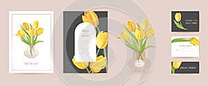 Wedding modern tulip flower Save the Date set. Vector minimal spring floral invitation card